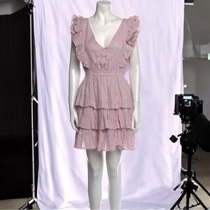 House of Harlow 1960 Striped Light Lilac Ruffled V-Neck Tiered Mini Dress in S